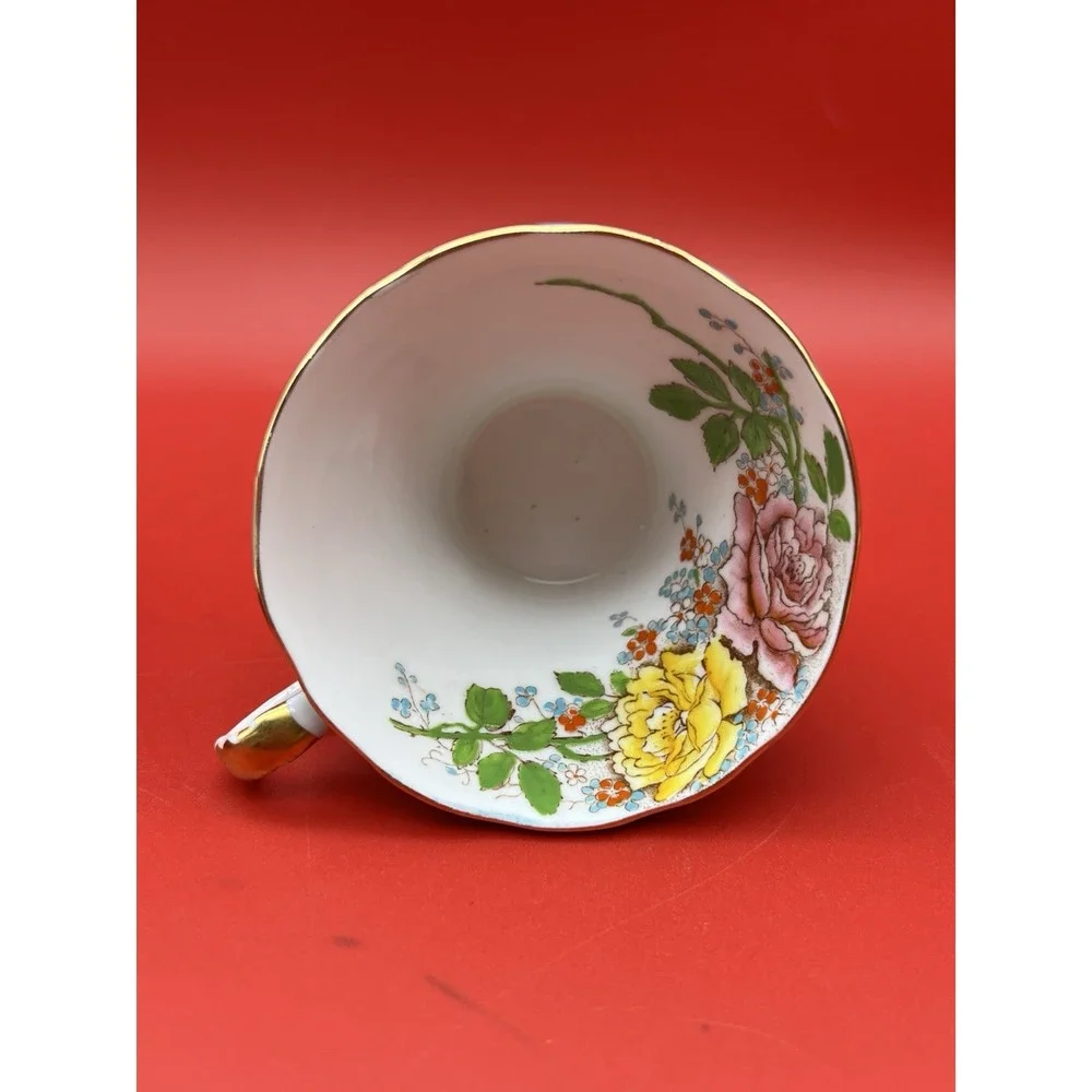 Vintage Aynsley Cabbage Rose Turquoise Corset Cup & Saucer Raised Paint